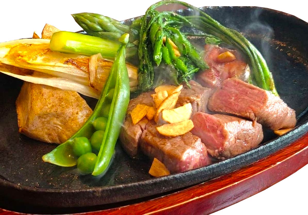Shinshu Beef Inner Thigh Steak with Butter and Soy Sauce, served with Grated Daikon and Ponzu, and Seasonal Garnish