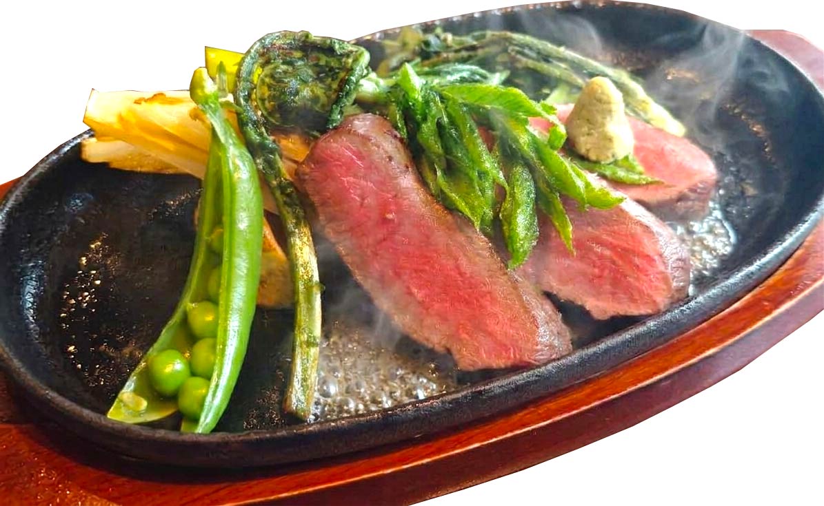 Grilled Hakuba venison loin with Azumino wasabi and onion sauce, served with seasonal garnishes